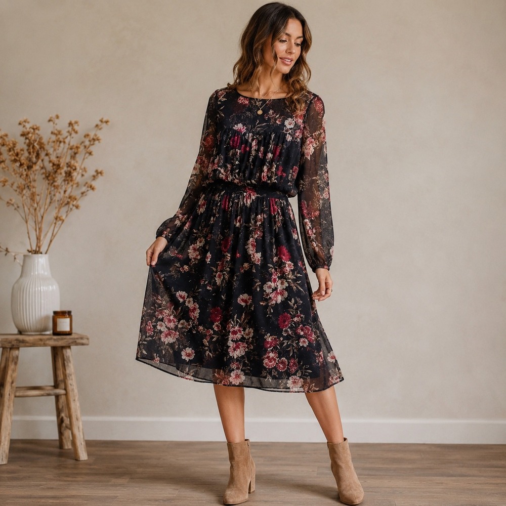 Candalite‎ Dress Women L Blue Floral Semi Sheer Midi Wedding Guest Cottagecore